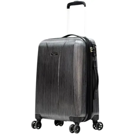 A dark gray hard-shell suitcase with a telescopic handle and four double spinner wheels for easy maneuverability.