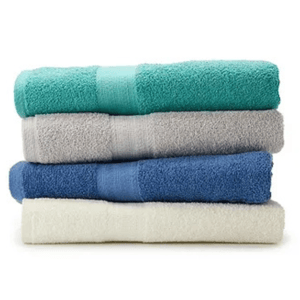 Four stacked bath towels in turquoise, gray, blue, and white.