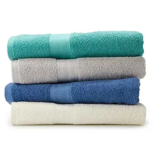 Four stacked bath towels in turquoise, gray, blue, and white.