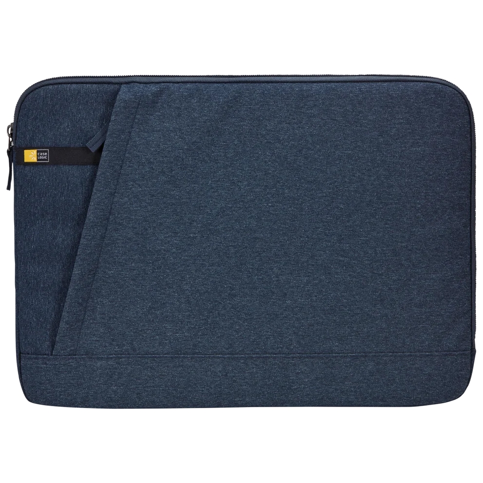 A navy blue 15.6\“ laptop sleeve featuring a minimalist design with a zipper closure and diagonal front seam. It includes a small fabric looped strap and a discreet branded tag.