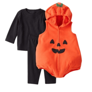 A toddler Halloween costume set featuring a black long-sleeve shirt and pants, paired with an orange pumpkin-themed zip-up romper with a smiling face and hood.