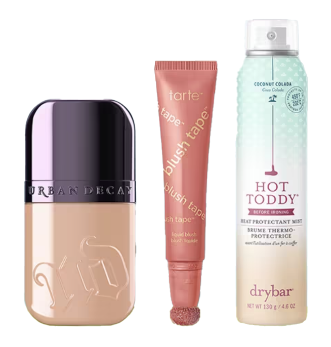Urban Decay foundation, Tarte Blush Tape liquid blush, and Drybar Hot Toddy heat protectant mist.