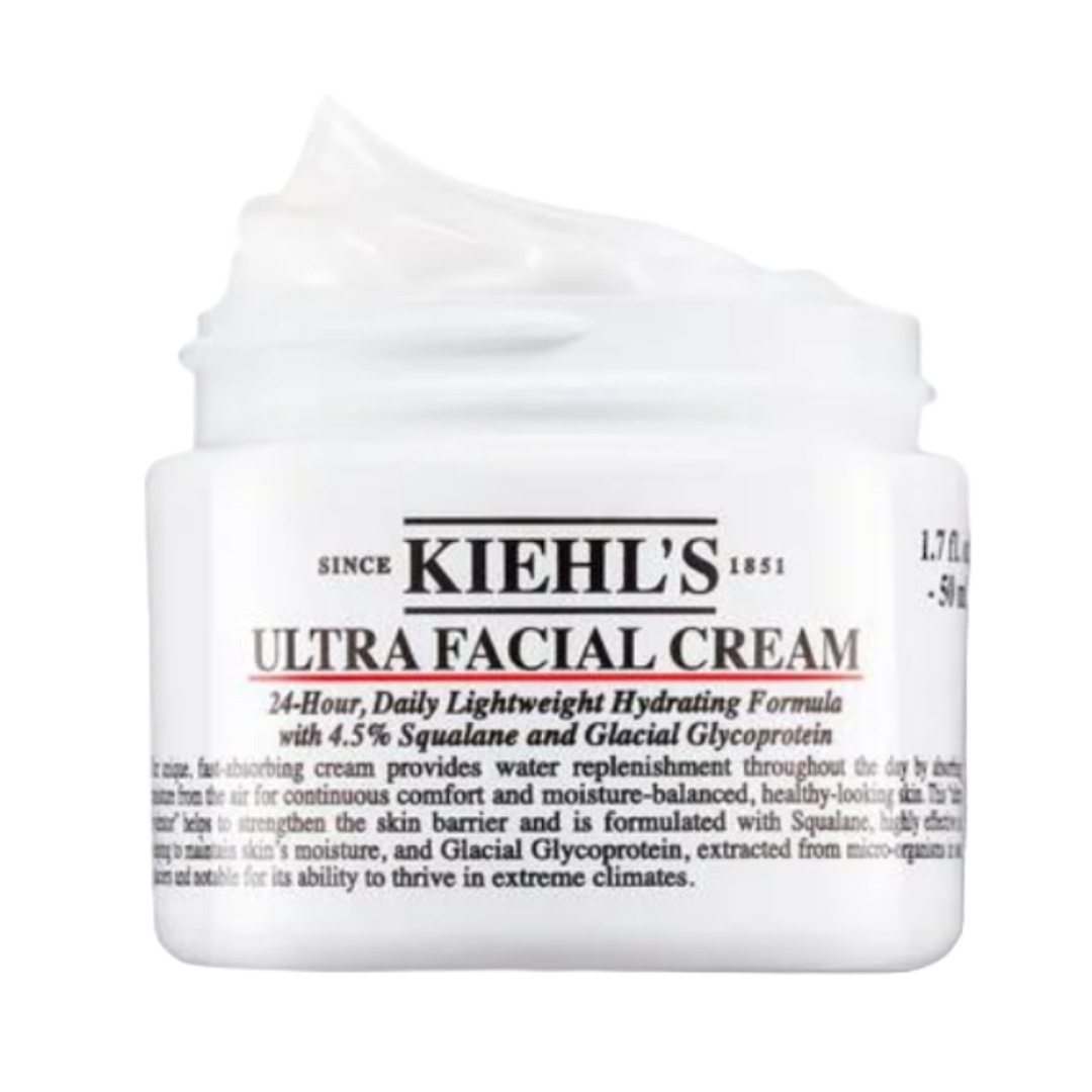 Kiehl's Ultra Facial Cream, a 24-hour lightweight hydrating formula with 4.5% squalane and glacial glycoprotein, 1.7 fl oz (50 ml).