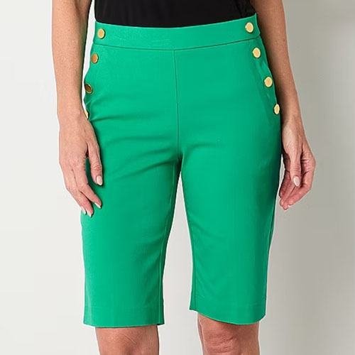 Green Bermuda shorts with decorative gold-tone buttons.