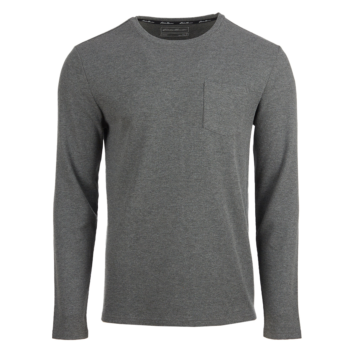 Solid dark gray, long-sleeve waffle tee with a crew neck and left chest pocket.