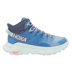 A blue Hoka high-top sneaker with GORE-TEX material and a Vibram sole, featuring pink accents and a light green sole.