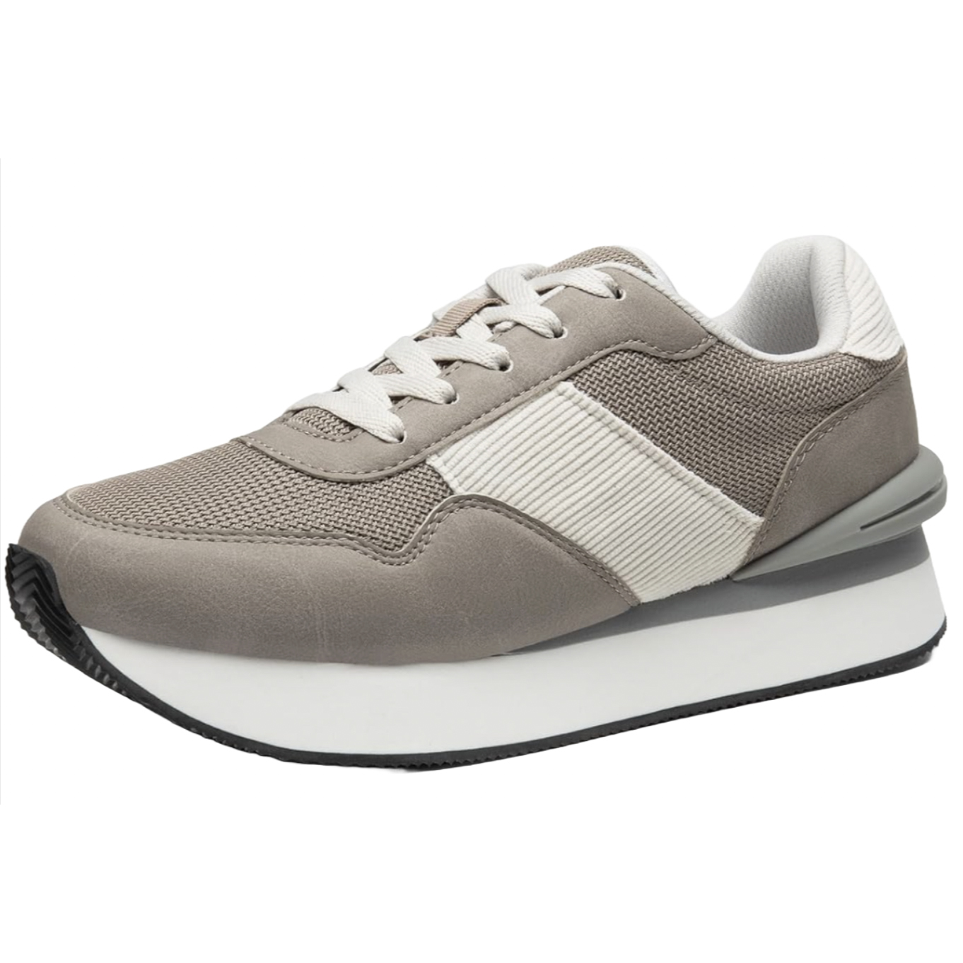 A beige women's fashion sneaker with a textured mesh and suede upper, white laces, and a thick white and gray platform sole.