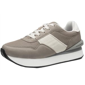 A beige women's fashion sneaker with a textured mesh and suede upper, white laces, and a thick white and gray platform sole.