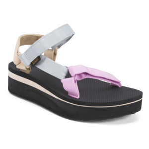 Colorful platform sandal with adjustable straps in light blue, pink, and beige on a black sole.