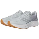 A pair of light gray athletic running shoes with a sleek design, featuring perforated mesh uppers, lace-up closure, and white midsoles with gum-colored outsoles.