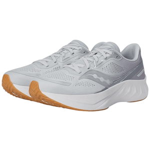 A pair of light gray athletic running shoes with a sleek design, featuring perforated mesh uppers, lace-up closure, and white midsoles with gum-colored outsoles.