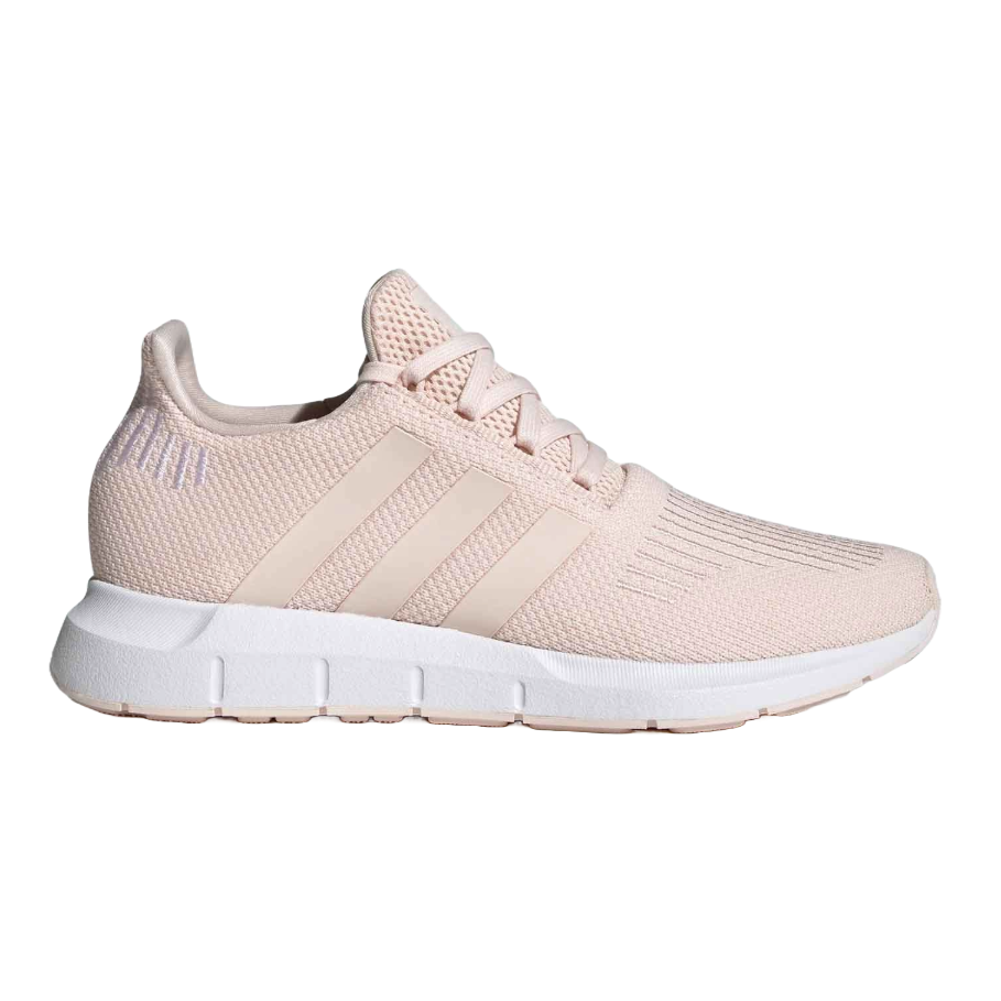 Adidas Swift Running Shoes feature a light pink knit upper with signature three stripes on the side, a cushioned white midsole, tonal laces, and a simple, sleek design for everyday wear.