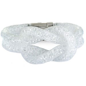 A sparkling white mesh bracelet with a twisted design and a metallic clasp.