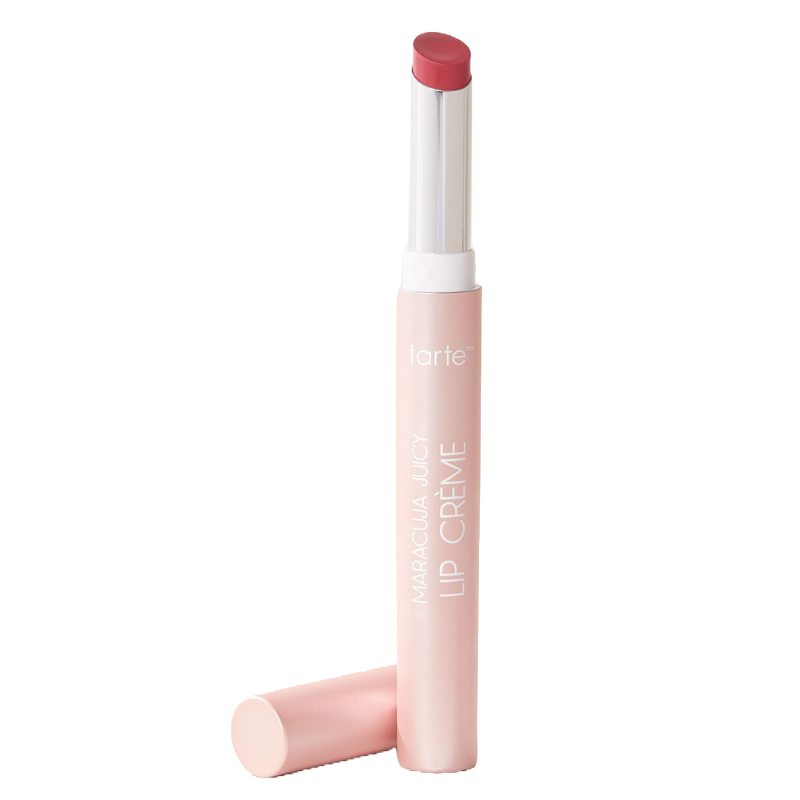 Tarte Maracuja Juicy Lip Crème in a slim, light pink tube with a twist-up design, showcasing a pinkish-red lipstick shade.