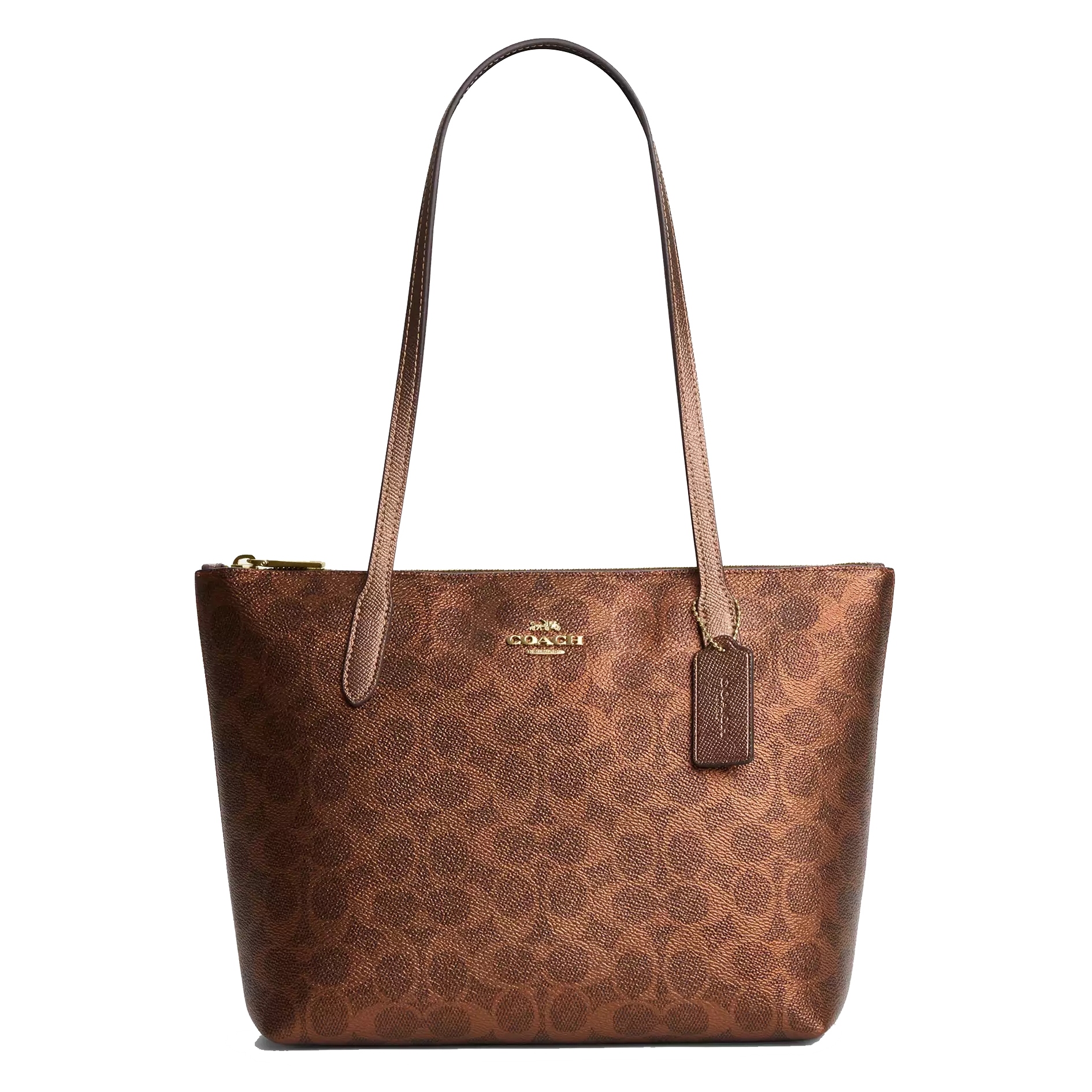 A brown Coach tote bag with signature C pattern, gold-tone hardware, and long straps, featuring a tag and zippered top closure.