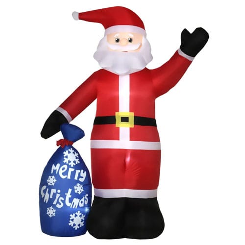 An 8ft inflatable Santa Claus with a waving hand and a blue sack labeled \“Merry Christmas\“ adorned with snowflakes. Santa wears a classic red suit with a black belt and boots.