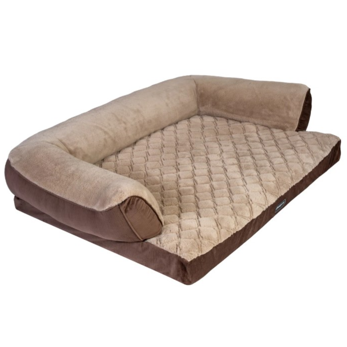 A brown and beige orthopedic pet bed with cushioned bolsters and a quilted sleep surface.
