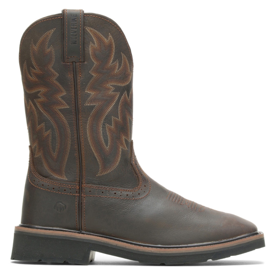 Brown leather cowboy boot with intricate stitching pattern, featuring a flat heel and a pull-on design.
