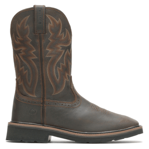 Brown leather cowboy boot with intricate stitching pattern, featuring a flat heel and a pull-on design.