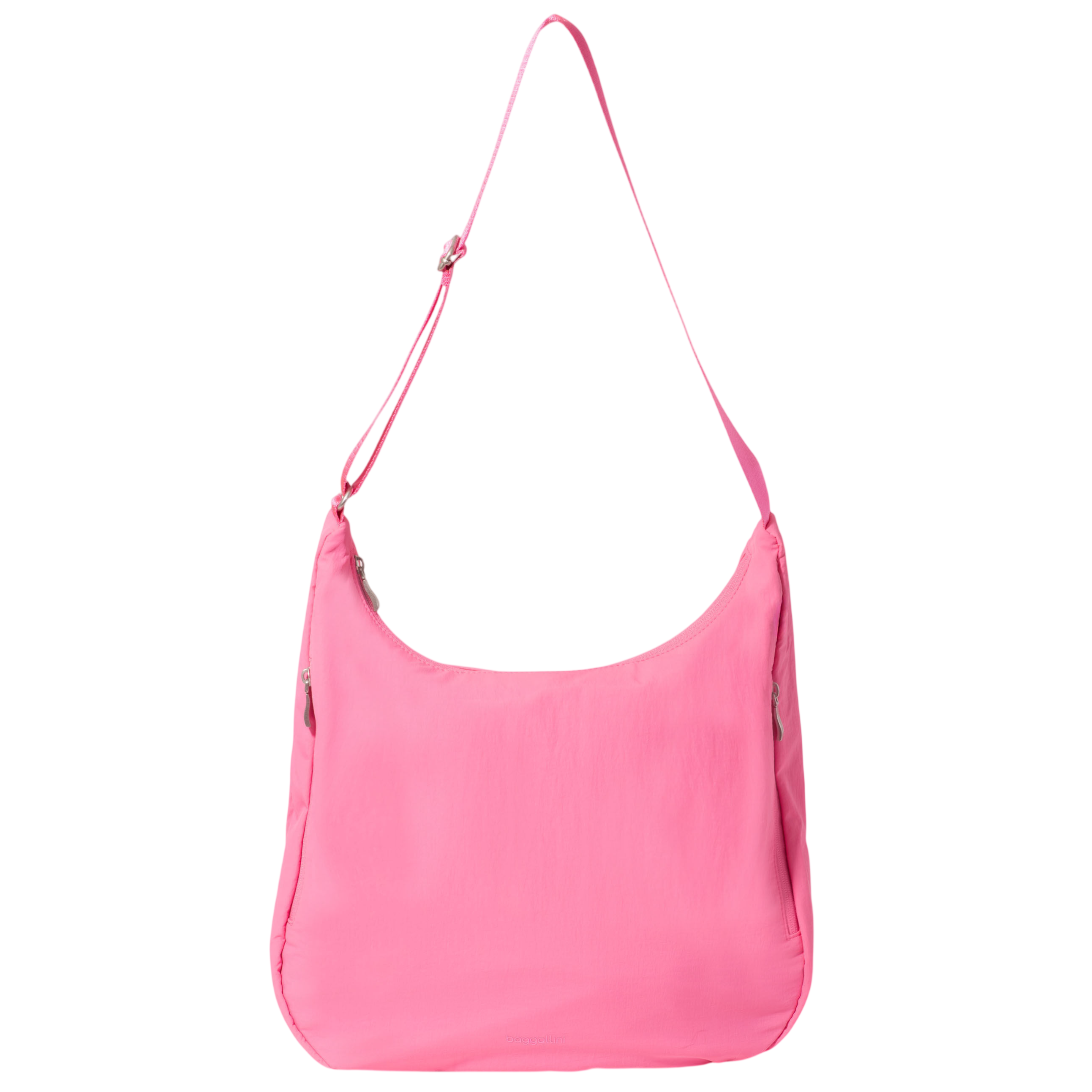 A pink hobo-style shoulder bag with an adjustable strap and minimal design, featuring zip closures on the sides.