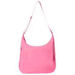 A pink hobo-style shoulder bag with an adjustable strap and minimal design, featuring zip closures on the sides.