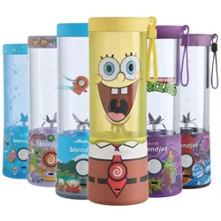 A collection of portable blenders featuring vibrant designs of animated characters from popular shows.
