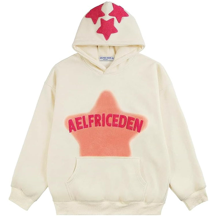 Cream-colored hoodie featuring a large pink star with \“AELFRICEDEN\“ text on the front and three pink stars on the hood.