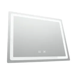 Square LED bathroom mirror with illuminated border and touch controls at the bottom center.