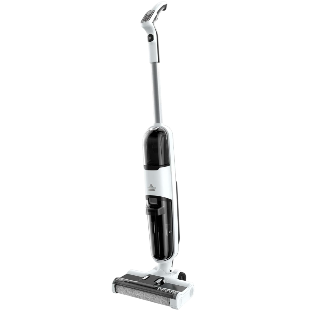 A Bissell floor cleaning device with a sleek design, featuring a handle and display, dual tanks, and a rotating brush for efficient cleaning.
