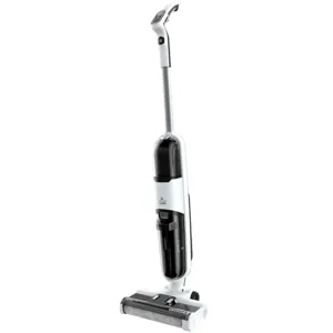 A Bissell floor cleaning device with a sleek design, featuring a handle and display, dual tanks, and a rotating brush for efficient cleaning.