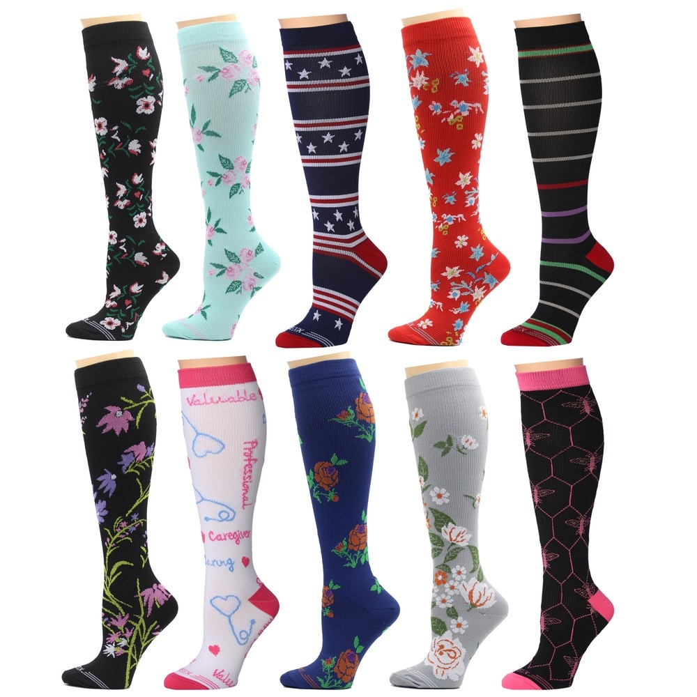 10pk Knee-High Compression Socks featuring floral, striped, and heart patterns in various colors like black, mint, red, and blue. Each pair has a unique design, offering a mix of bold and subtle styles.
