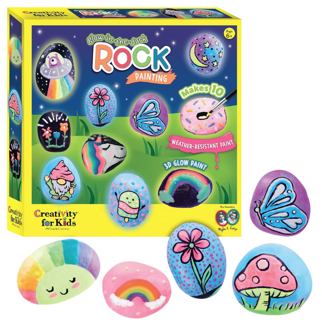 Glow-in-the-dark rock painting set for ages 6+, includes weather-resistant paint, makes 10 designs, featuring colorful images like flowers, rainbows, and UFOs.