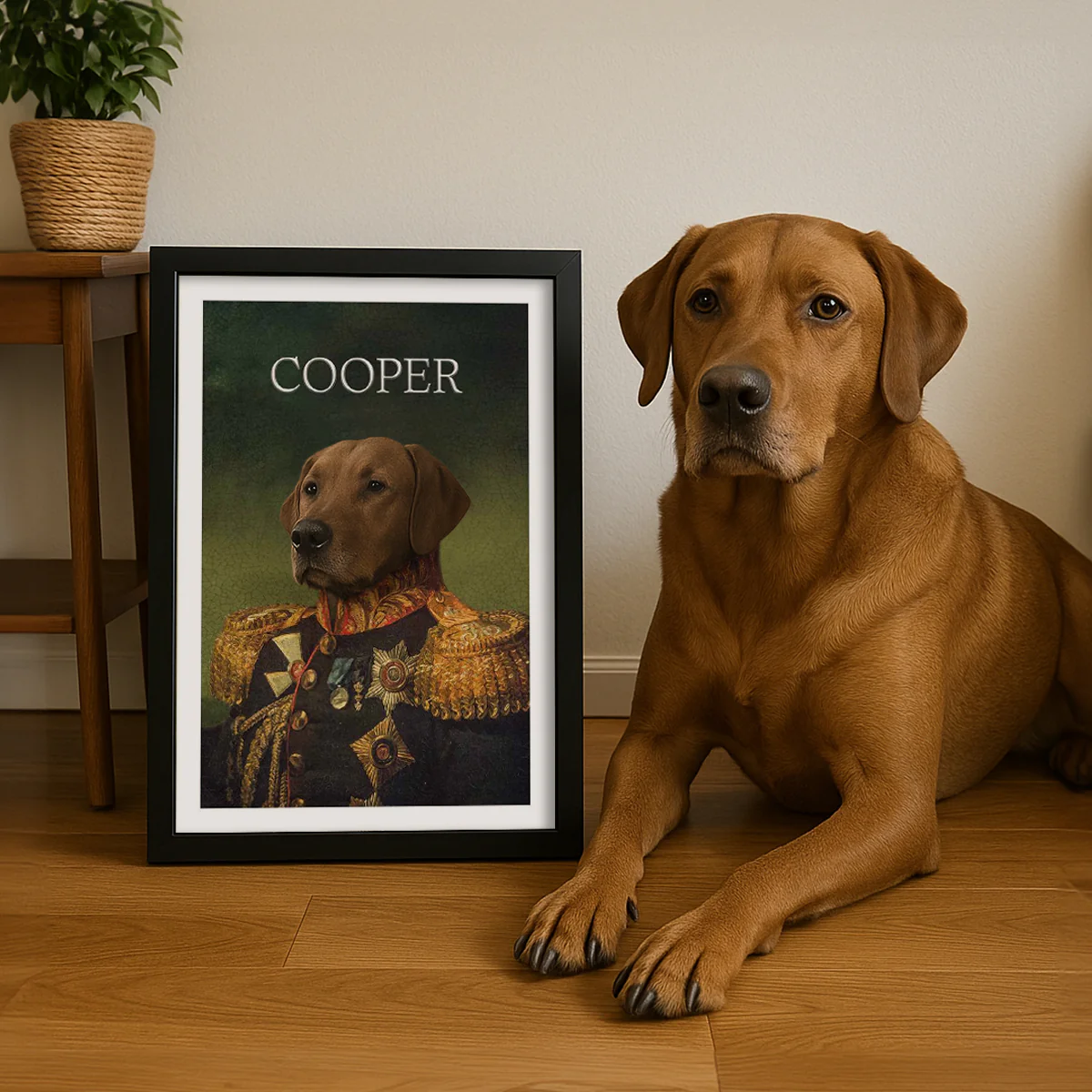 A brown dog sits beside a framed portrait depicting the same dog in regal attire, with the name \“COOPER\“ above it.