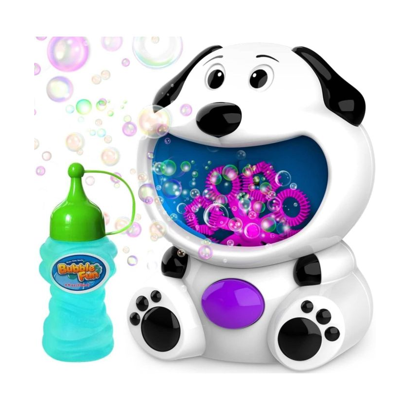 A bubble machine shaped like a cartoon dog, paired with a bottle of bubble solution labeled \“Bubble Fun.\“