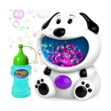 A bubble machine shaped like a cartoon dog, paired with a bottle of bubble solution labeled \“Bubble Fun.\“