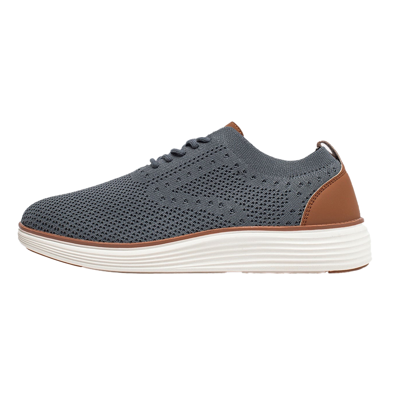 Knit sneaker with a gray upper and a white textured sole, featuring brown accents on the heel and around the sole.