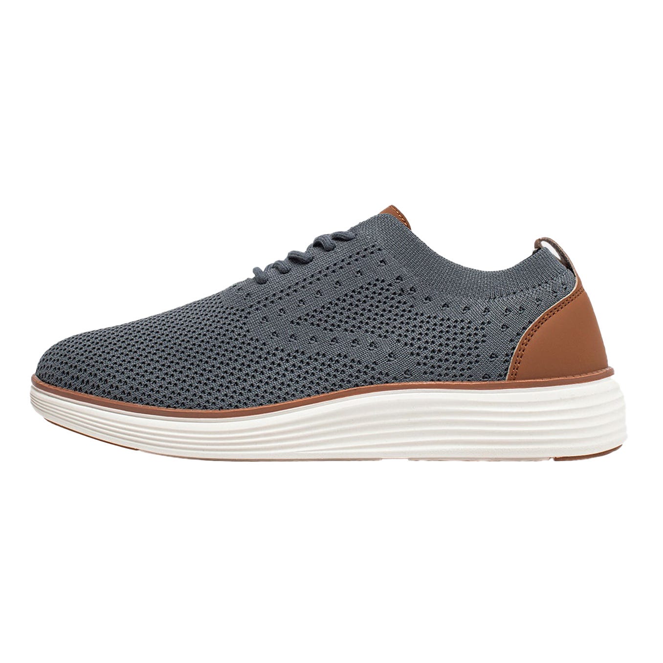 Knit sneaker with a gray upper and a white textured sole, featuring brown accents on the heel and around the sole.