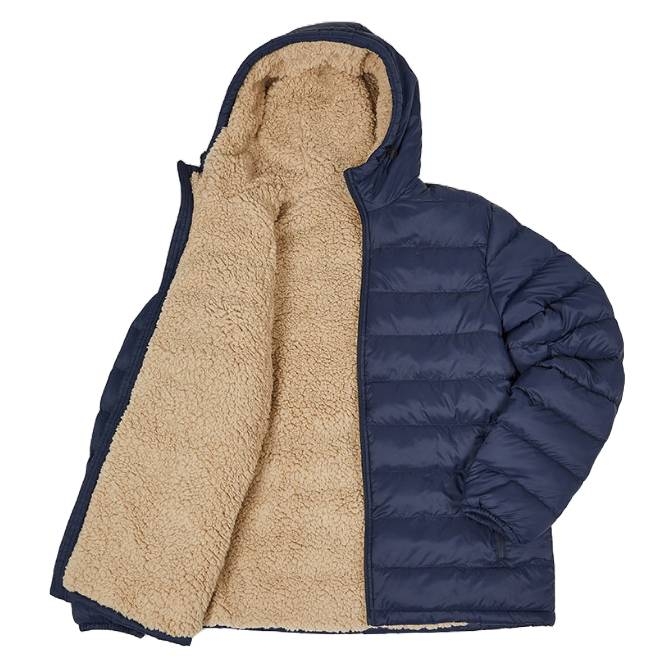 Blue puffer jacket with a beige, fluffy sherpa lining and a hood.