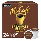McCafé Breakfast Blend Light Roast 24 K-Cup Pods for Keurig, featuring 100% Arabica coffee in a light roast.