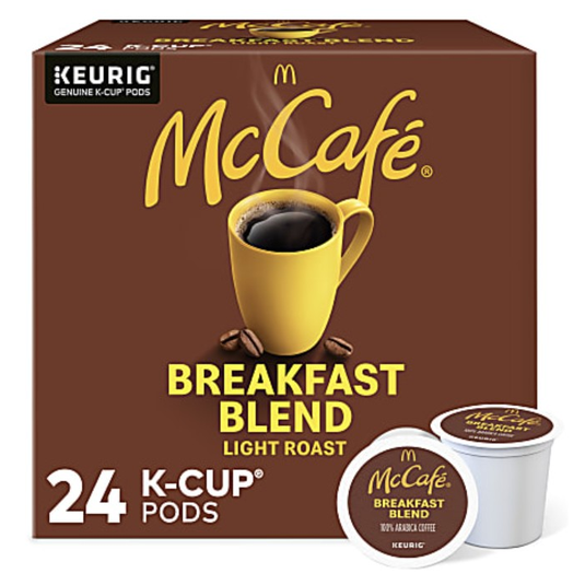 McCafé Breakfast Blend Light Roast 24 K-Cup Pods for Keurig, featuring 100% Arabica coffee in a light roast.