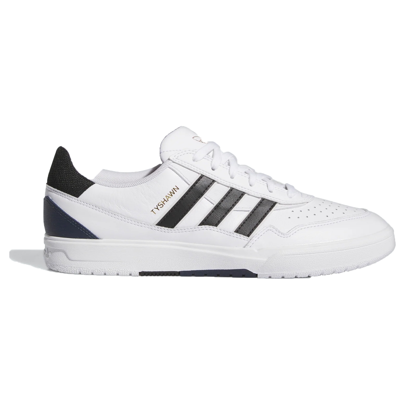 Adidas Tyshawn II shoes are white with black stripes, featuring \“TYSHAWN\“ in gold lettering on the side. They have a low profile design with a black heel accent and a perforated toe for breathability.