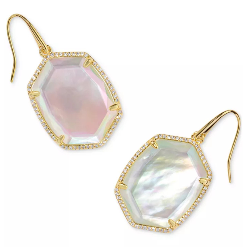Gold-tone drop earrings with an elongated hexagon shape, featuring iridescent pink centers surrounded by sparkling stones.