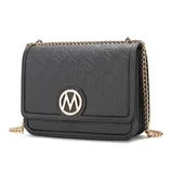Black embossed shoulder bag with a gold chain strap and a circular emblem featuring the letter 'M'.