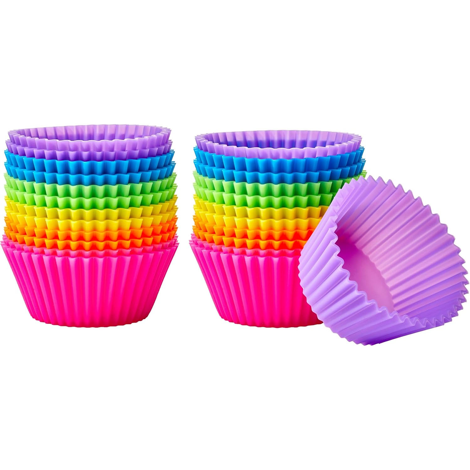 24 silicone muffin cup liners in rainbow colors, featuring ridged sides. Each stack includes vibrant shades of pink, purple, blue, green, yellow, and orange, suitable for baking or serving. Reusable and eco-friendly.