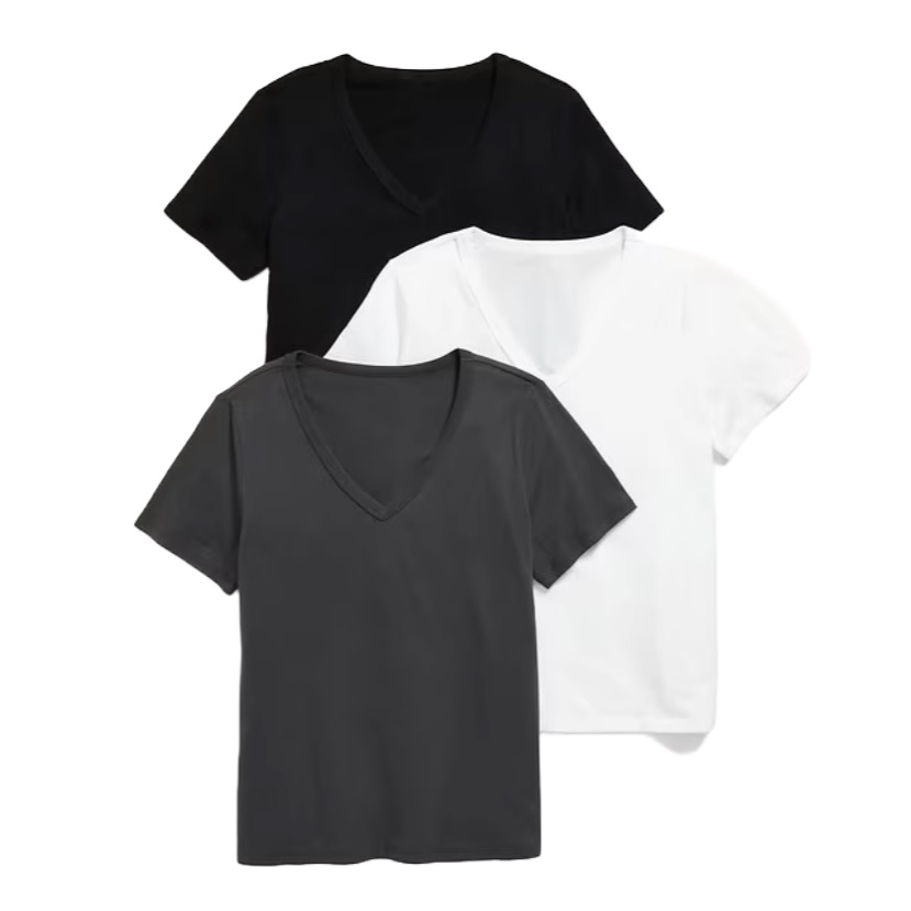 A set of three V-neck T-shirts in black, white, and dark gray.