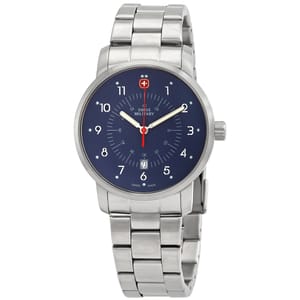 Swiss-made wristwatch with a blue dial, silver stainless steel bracelet, and date display.