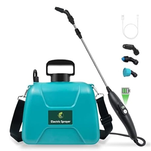 A teal electric sprayer with a handle and shoulder strap, featuring a long nozzle and control wand. Includes additional spray nozzles, a charging cable, and a battery indicator.