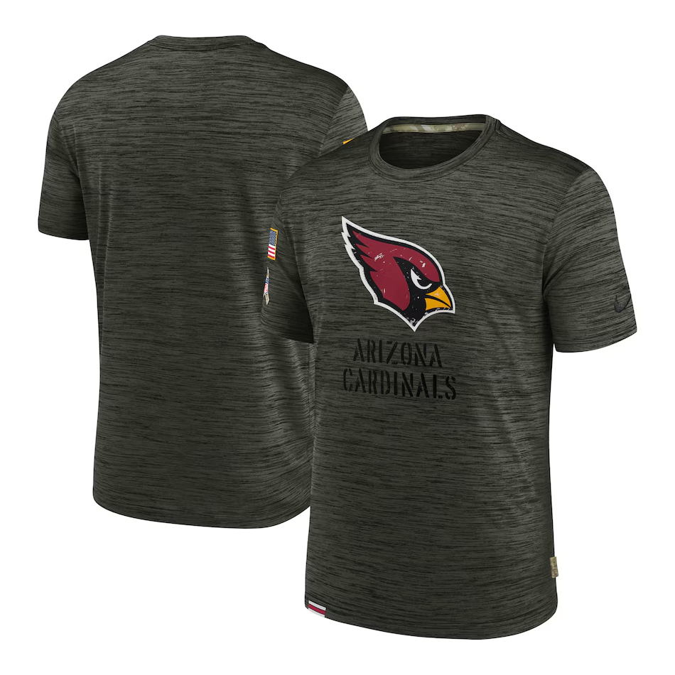 Olive camo-patterned T-shirt features the Arizona Cardinals logo and name on the front, with a small American flag patch on the sleeve.
