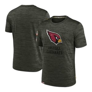 Olive camo-patterned T-shirt features the Arizona Cardinals logo and name on the front, with a small American flag patch on the sleeve.