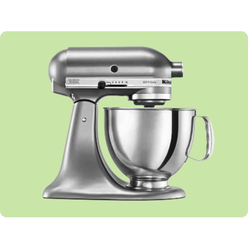 A silver stand mixer with a mixing bowl, featuring multiple speed settings, typically used for baking and cooking tasks.